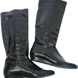 Women's Delman Black Patent Leather Tall Boots Size 8.5 Wedge Almond Toe Pull On